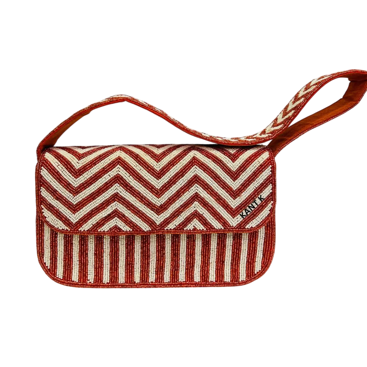 Handcrafted Red and White Zig Zag Strips Beaded Shoulder Bag