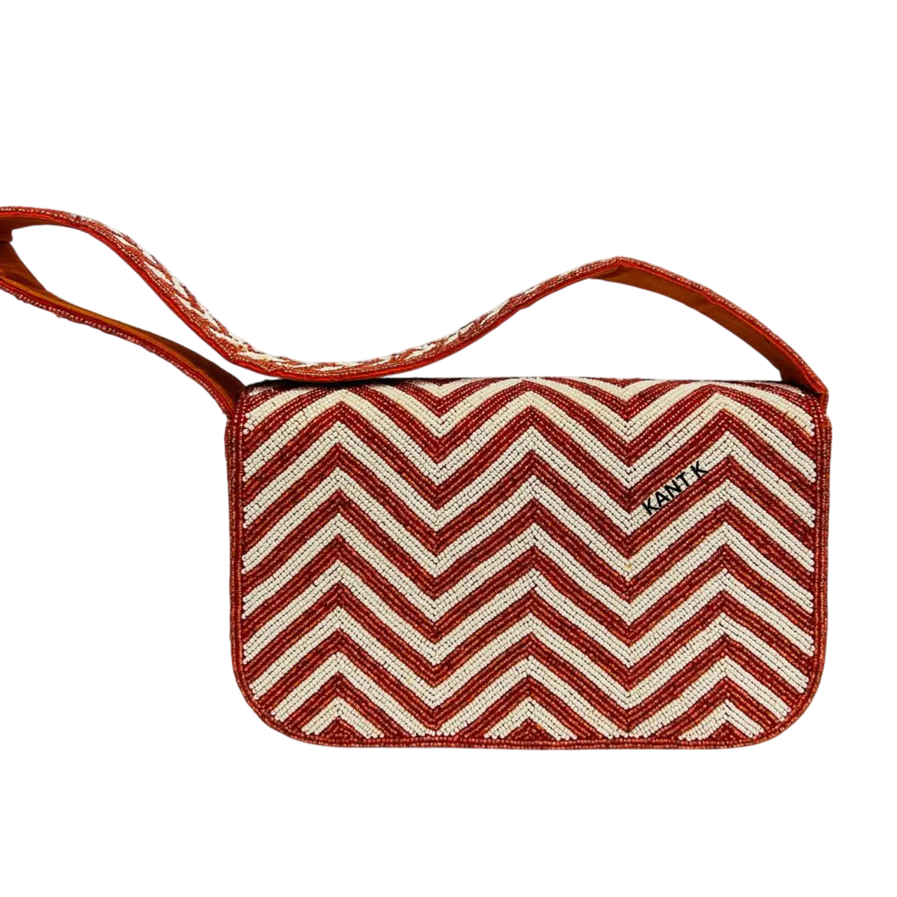 Handcrafted Red and White Zig Zag Strips Beaded Shoulder Bag
