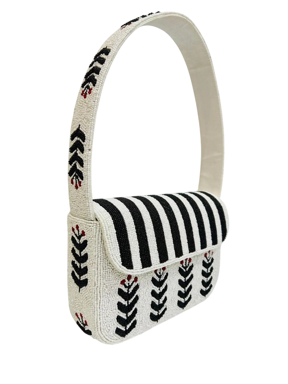 Handmade Black & White Beaded Shoulder Bag Floral Leaf Pattern Purse