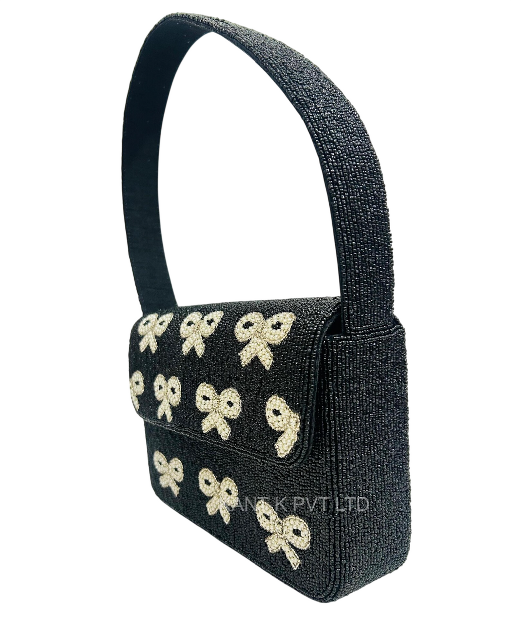 Beaded Black and Silver Bow Shoulder Bag Hand-Beaded Evening Purse