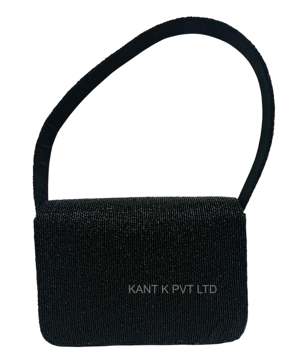 Beaded Black and Silver Bow Shoulder Bag Hand-Beaded Evening Purse