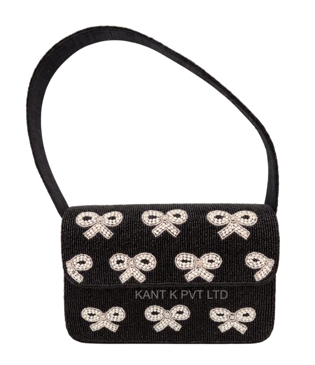 Beaded Black and Silver Bow Shoulder Bag Hand-Beaded Evening Purse
