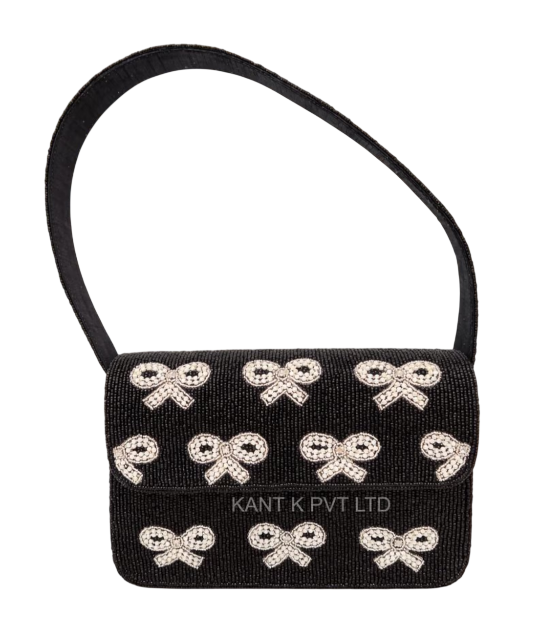 Beaded Black and Silver Bow Shoulder Bag Hand-Beaded Evening Purse