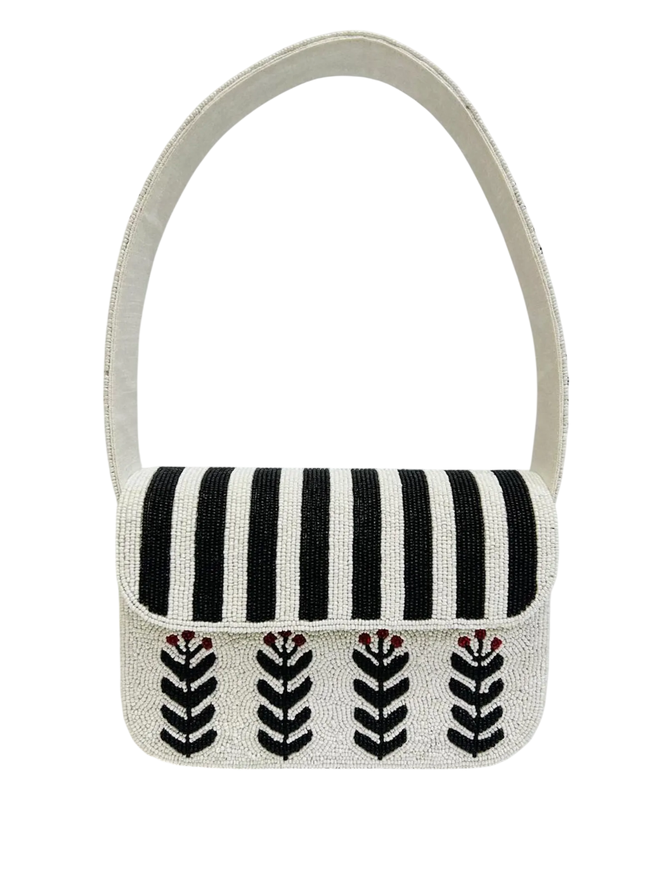 Handmade Black & White Beaded Shoulder Bag Floral Leaf Pattern Purse