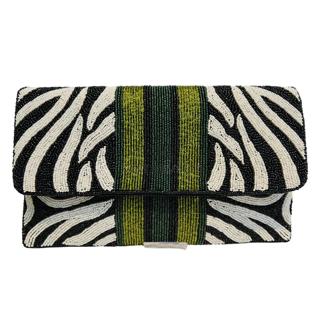 Hand-Beaded Zebra Pattern Evening Bag Clutch