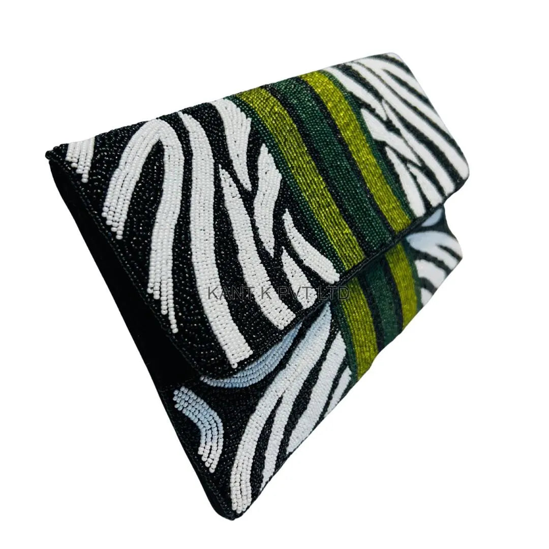 Hand-Beaded Zebra Pattern Evening Bag Clutch
