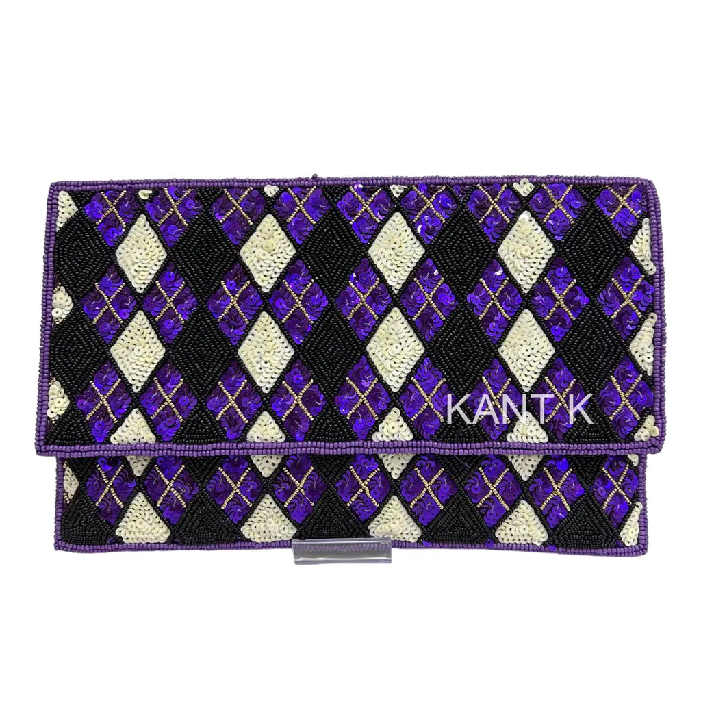 Beaded Clutch Handbag Purple, White & Black Sequin Evening Bag