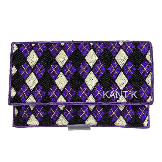Beaded Clutch Handbag Purple, White & Black Sequin Evening Bag