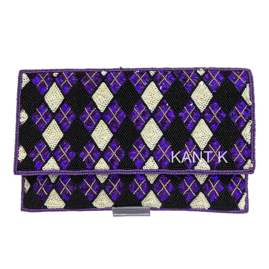 Handcrafted Purple, White & Black Sequin Beaded Clutch