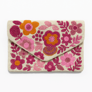 Handmade Pink Floral Beaded Clutch, Elegant Evening Bag for Women, Unique Designer Purse