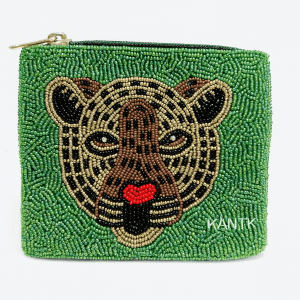 Green Leopard Head Beaded Coin Purse, Wild & Chic Hand-Beaded Pouch