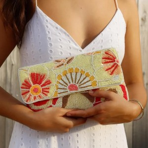 Handmade Pink Floral Beaded Clutch