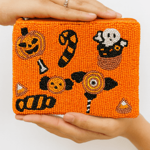 Orange Beaded Halloween Candy Pouch ( 6x4 inch ) Handmade Spooky Treat Bag