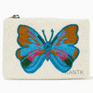 White Beaded Pouch with a Colorful Butterfly Design