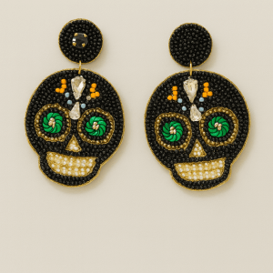 Black and Gold Beaded Skull Dangle Earrings