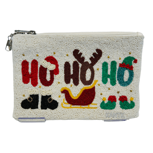 HO HO HO Beaded Christmas Zip Pouch Festive Holiday Bag with Zipper Closure