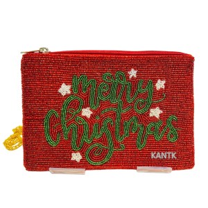 Handcrafted Merry Christmas Beaded Zip Pouch Festive Holiday Bag with Zipper Closure
