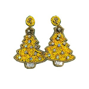 Christmas Yellow and White Tree Dangle Earrings with Star Topper Festive Holiday Jewelry for Women